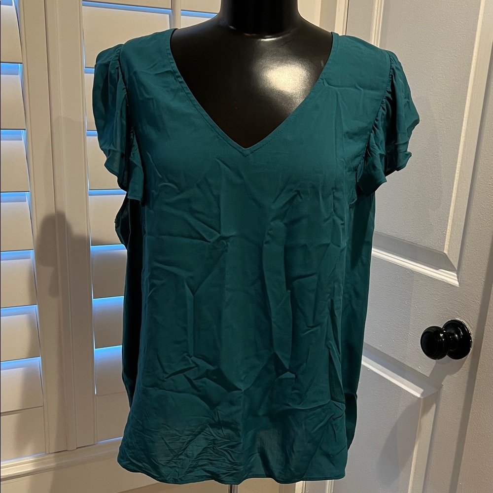 Teal V-Neck Ruffle Sleeve Women's Top